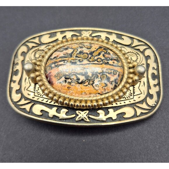 Gold Tone Black Enamel Belt Buckle Leopard Skin Jasper Stone Made In USA 2 X 3" - Picture 2 of 5